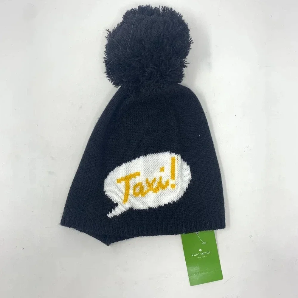 Kate Spade Pom‎ Pom Black Taxi Beanie Hat